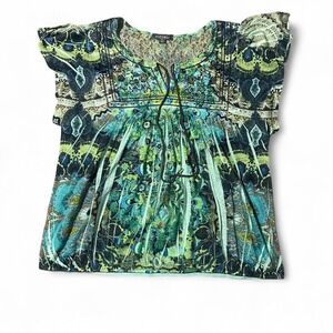 Green & blue paisley print blouse with lace trim and tie front detail